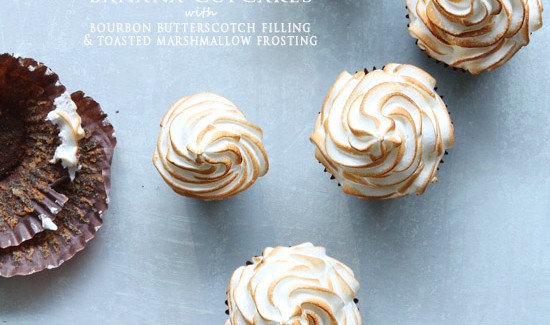 Banana Cupcakes with Bourbon Butterscotch Filling and Toasted Marshmallow Frosting from Bakers Royale