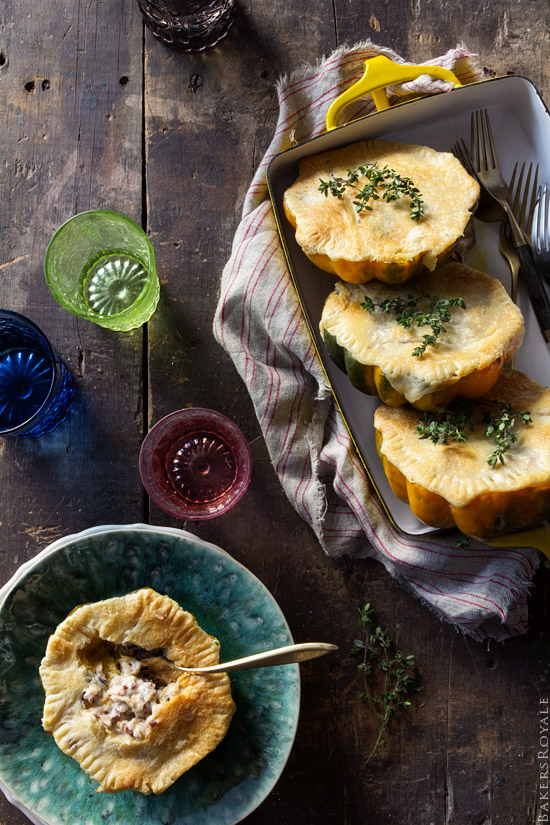 Acorn Squash Pot Pie with Wild Rice and Almond-Thyme Cream Sauce via Bakers Royale