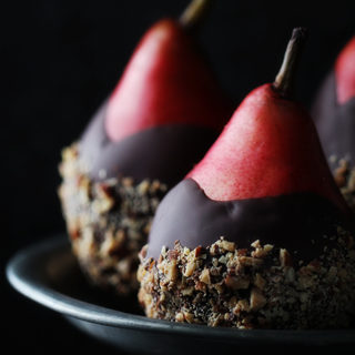 Chocolate Dip Pears with Almond Crunch