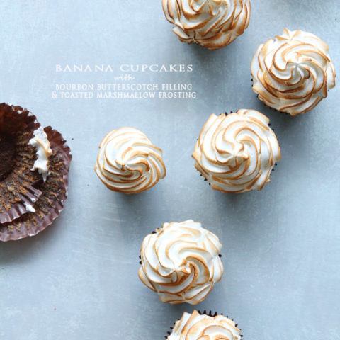 Banana Cupcakes with Bourbon Butterscotch Filling and Toasted Marshmallow Frosting
