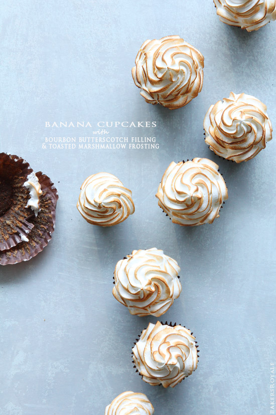 Banana Cupcakes with Bourbon Butterscotch Filling and Toasted Marshmallow Frosting from Bakers Royale