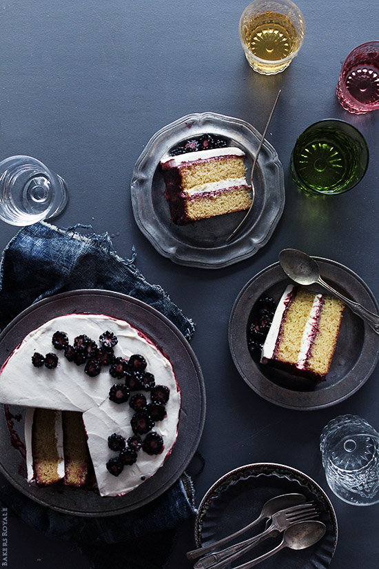 Black Tea Cake with Blackberry Lime Jam and Honey Whipped Cream via Bakers Royale