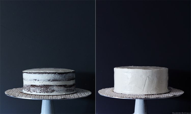 The left is the step picture with a cake lightly frosted on a stand. The second picture on the right is more heavily frosted. 