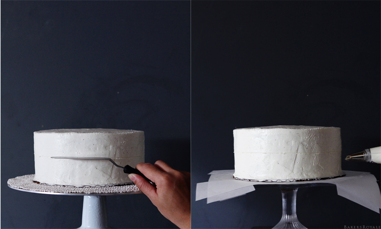 Step three is on the left with a hand smoothing the sides of the cake with an icing knife. The fourth step is on the right with a piping bag just about to start making the first rose. 