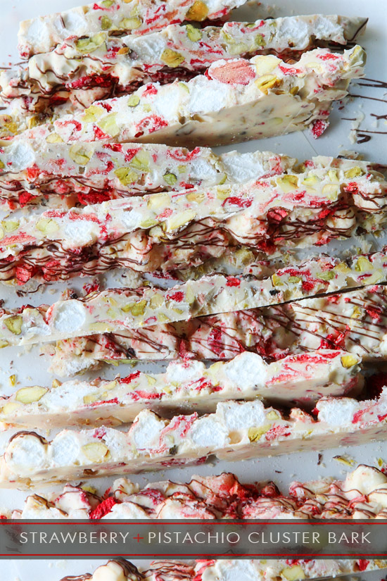 A no-bake four ingredient dessert: Strawberry & Pistachio Cluster Bark from Bakers Royale