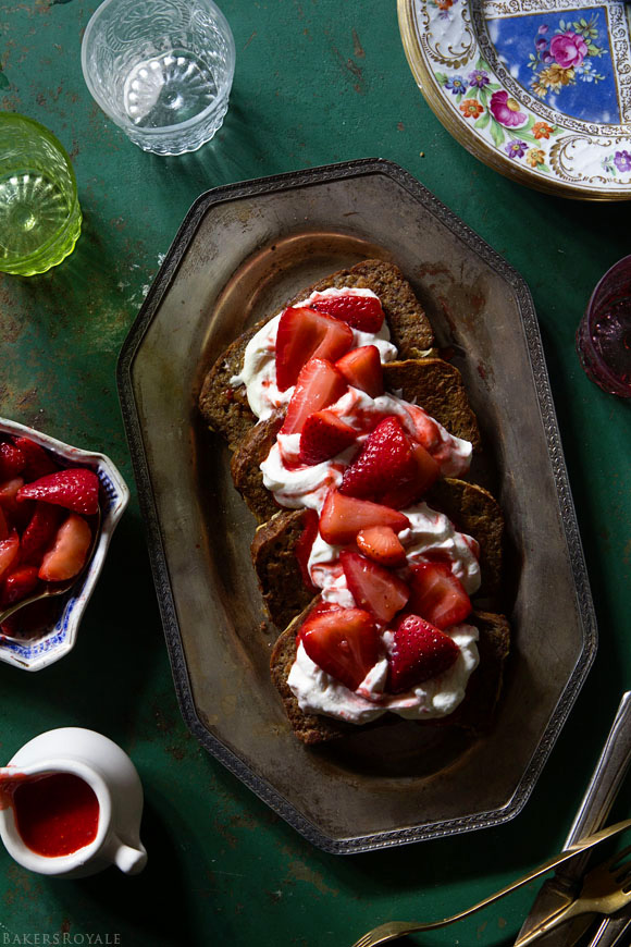 Banana Bread French Toast with Strawberry Sauce & Honey Whipped Cream | Bakers Royale
