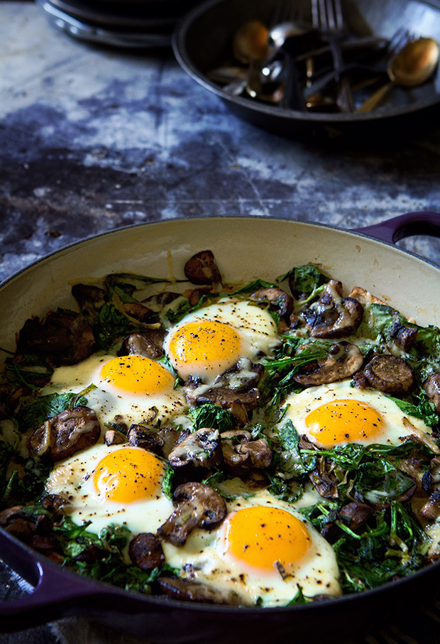 Spinach Mushrooms and Leeks with Baked Eggs via Bakers Royale