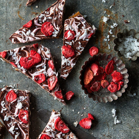 Chocolate Caramel Matzo with Strawberries and Coconut