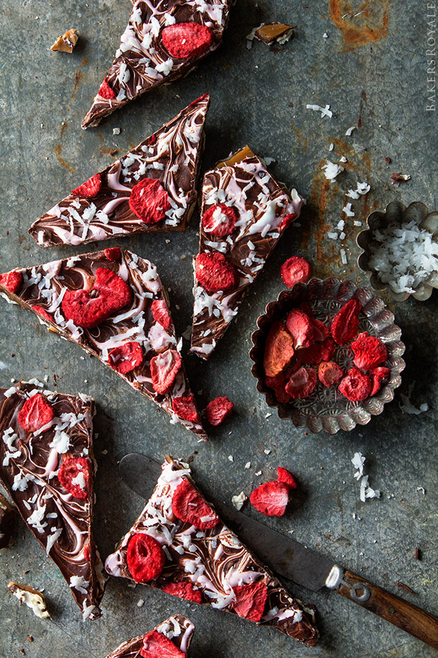 Chocolate Caramel Matzo Bark with Strawberries and Coconut | Bakers Royale