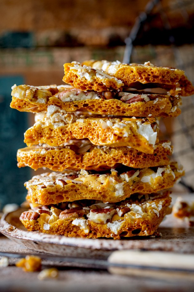 Caramel Popcorn and Pecan Honeycomb Brittle via Bakers Royale