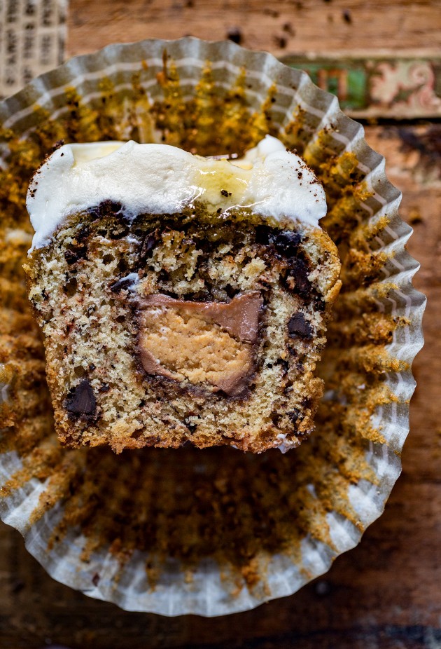 Chocolate Chip Banana Bread Muffins stuffed with Reese's Peanut Butter Cup | Bakers Royale