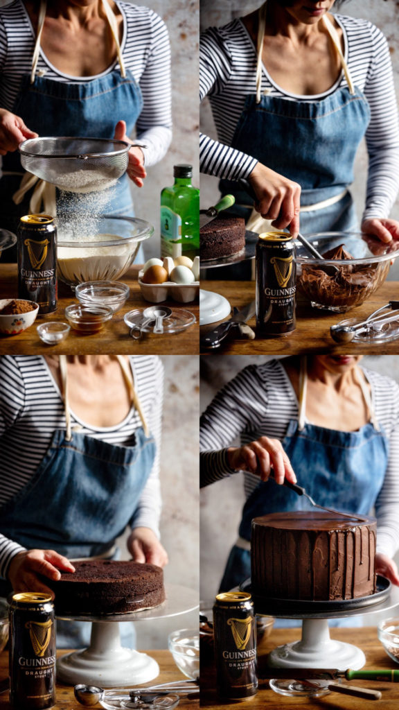 Four step by step pictures of how to bake and assemble the Chocolate Layer Cake. 